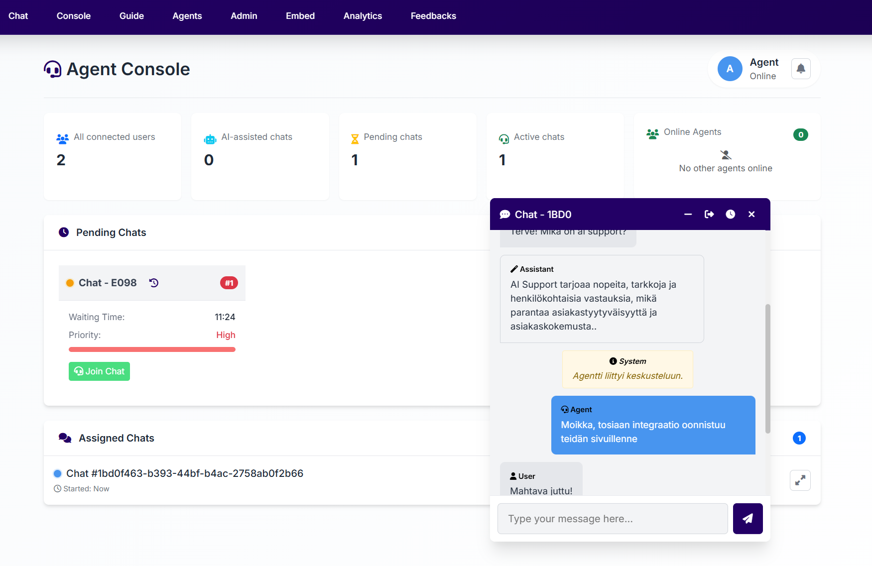 AI Support hallintakonsoli - ihmisagentit näkevät keskustelut ja voivat liittyä mukaan