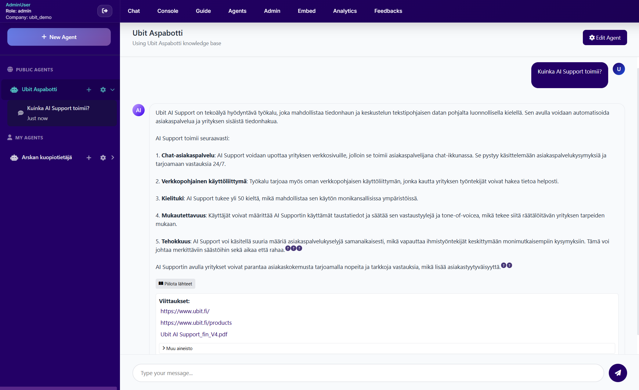 AI Support sisäinen chat - omat AI-agentit